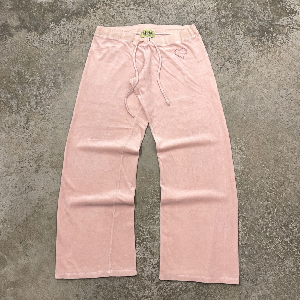 Juicy Couture Pink Velour Wide Leg Track Pants Rhinestone Heart Y2K Large